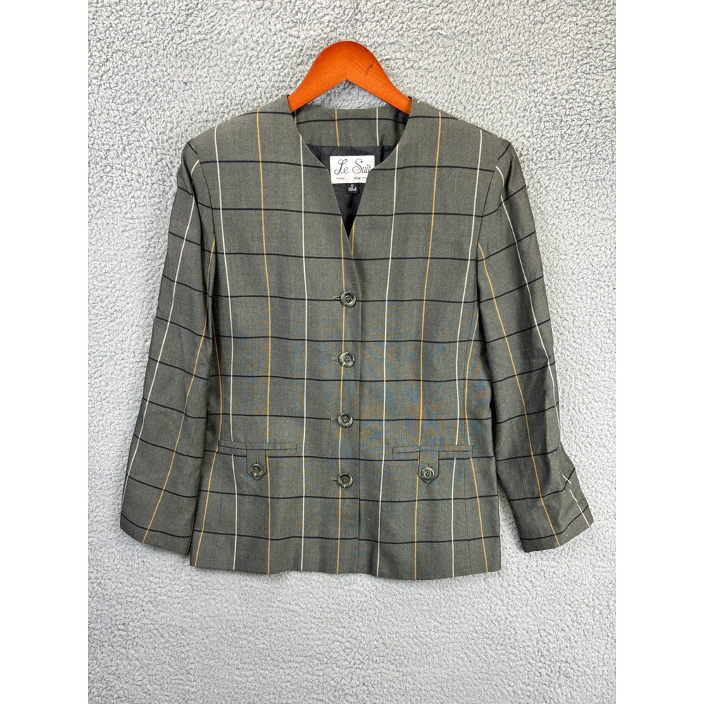 Le Suit Windowpane Plaid Skirt Suit Set Womens 10 Grey Vintage Office Tailored - Picture 2 of 16